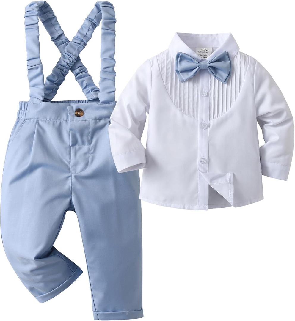 Baby Boys Pants Sets, Infant Long Sleeve Shirt + Pants + Bow Tie + Suspenders,Toddler Gentleman Outfits (18-24 Months, Light Blue+white)