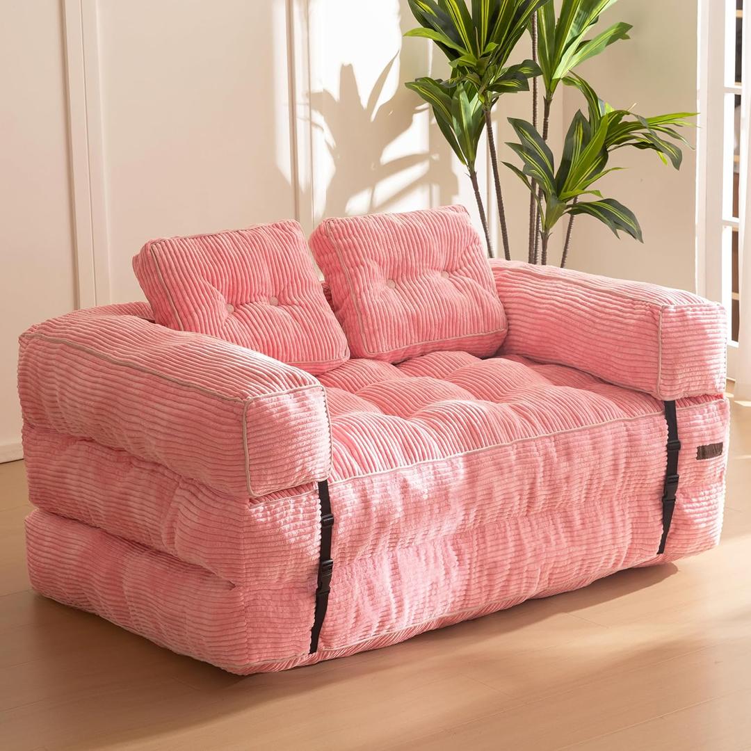 MAXYOYO Folding Sofa Bed, L-Shaped Convertible Sofa Bed with Armrest Foldable Sleeper Couch with Pillow, Portable Fold Out Chair Comfy Floor Couch Lounge for Living Room Bedroom, Pink, Double
