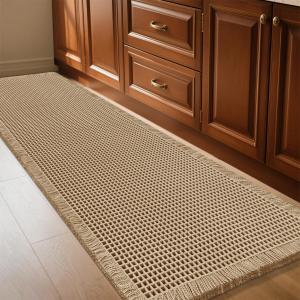 Extra Large Waffle Bath Mat Beige 6'x2'(72" x 24"), Boho Woven Modern Bath Mat Rugs, Absorbent Non Slip Bathroom Rugs, Soft Washable Bath Rugs with Tassels for Bathroom, Bedroom, Kitchen, Shower, Tub