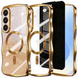 Glitter for Galaxy S26 Case with Camera Lens Protector,[Privacy Screen Protector] Bling Sparkle Protective Magnetic Phone Case for Women Shiny Gradient Cover for Galaxy S26 Gold