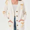 Saodimallsu Womens Oversized Cardigan Sweaters Bow Printed Button V Neck Long Sleeve Loose Knit Fall Trendy Coats (Beige)