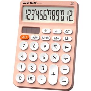 CATIGA 12 Digit Desktop Calculator Basic Desk Calculator with Large LCD Display, Big Buttons, 4 Function, Solar and Battery Dual Power, for Office, School, Home, SD-1292 Pink