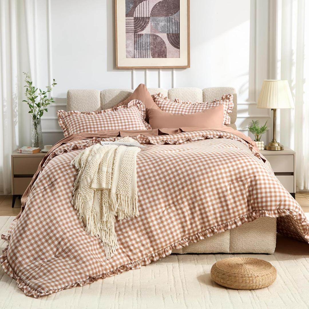 BDEUS 7 Pieces Gingham Ruffle Comforter Set King Size, Brown Grid Tartan Bedding Set, Soft Breathable Fabric Comforter with Flat Sheet, Fitted Sheet, 2 Pillowcases & 2 Shams, 104"X90"