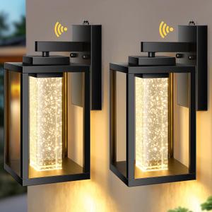 VIANIS Black Exterior Lighting Fixtures Wall Mount for House, 2 Pack Dusk to Dawn Outdoor Porch Light with Integrated 10W LED Light Source Crystal Bubble Glass, Anti-Rust Exterior Wall Sconce Lantern