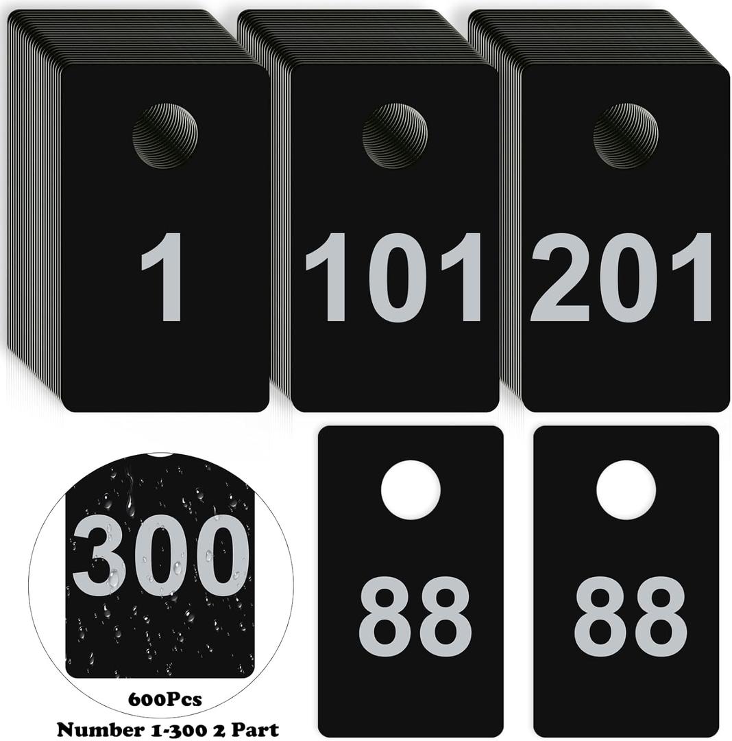 600Pcs Number Tags Plastic Check Tags 2 Part 1.5x2.5inch Coat Check Tickets 10mil Number Cards 1 to 300 with Hole Reusable Coat Room Tags Claim Ticket for Closet Organization Raffle Draws