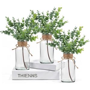 3 Glass Bud Vases 6.5 H, Mason Jars with 1 Fake Eucalyptus Centerpiece Vases with Hemp Rope for Weddings Parties Farmhouse Decor