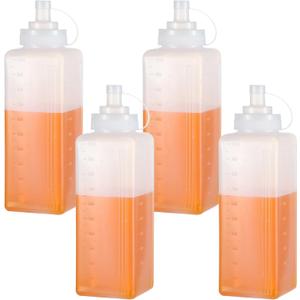 4 Pack 1 QT Large Condiment Squeeze Bottle for Sauses, 34oz Wide Mouth Liquids Dispenser Bottles with Lid, For Ketchup, Taco, Marinara, Pasta, BBQ, Spaghetti, Tomato Sauce, Restaurant-Grade Design