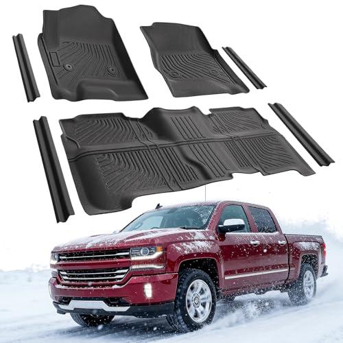 CreekT Floor Mats for Chevy Silverado & for GMC Sierra(Only for Crew Cab)1500 2014-2018;2500HD/3500HD 2015-2019, All Weather Waterproof TPE Car Floor Mats for Chevy Silverado & for Sierra Accessories