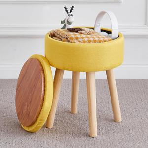 Storage Ottoman Foot Stool Linen Round Vanity Stool Tray Top Footstool with Wood Legs Multifunctional Upholstered Foot Rest Ottoman for Living Room, Bathroom, Makeup (Yellow)