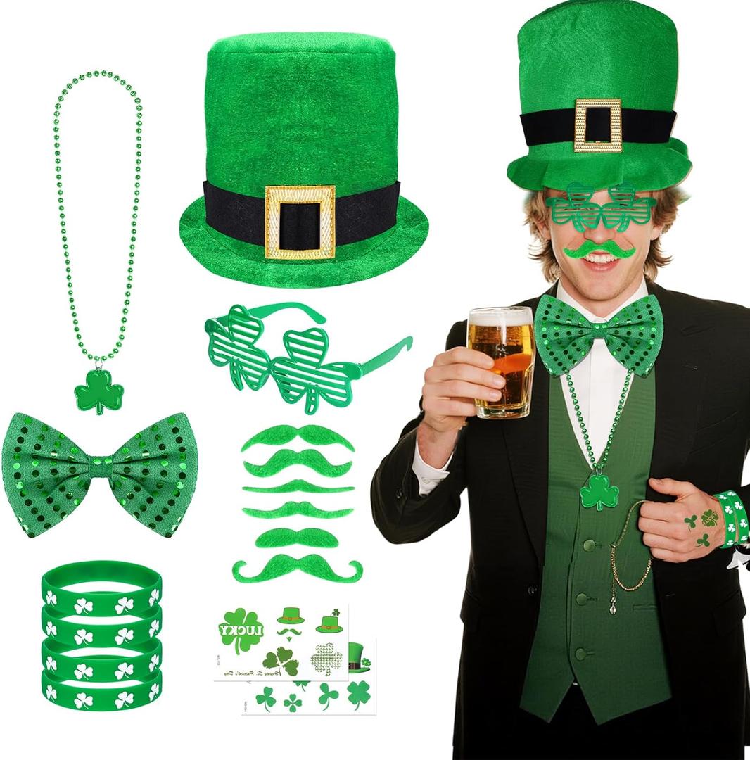 16 Pcs St. Patrick's Day Leprechaun Costume Set - Hat, Glasses, Bow Tie, Beard & More, Irish Holiday Party Accessories