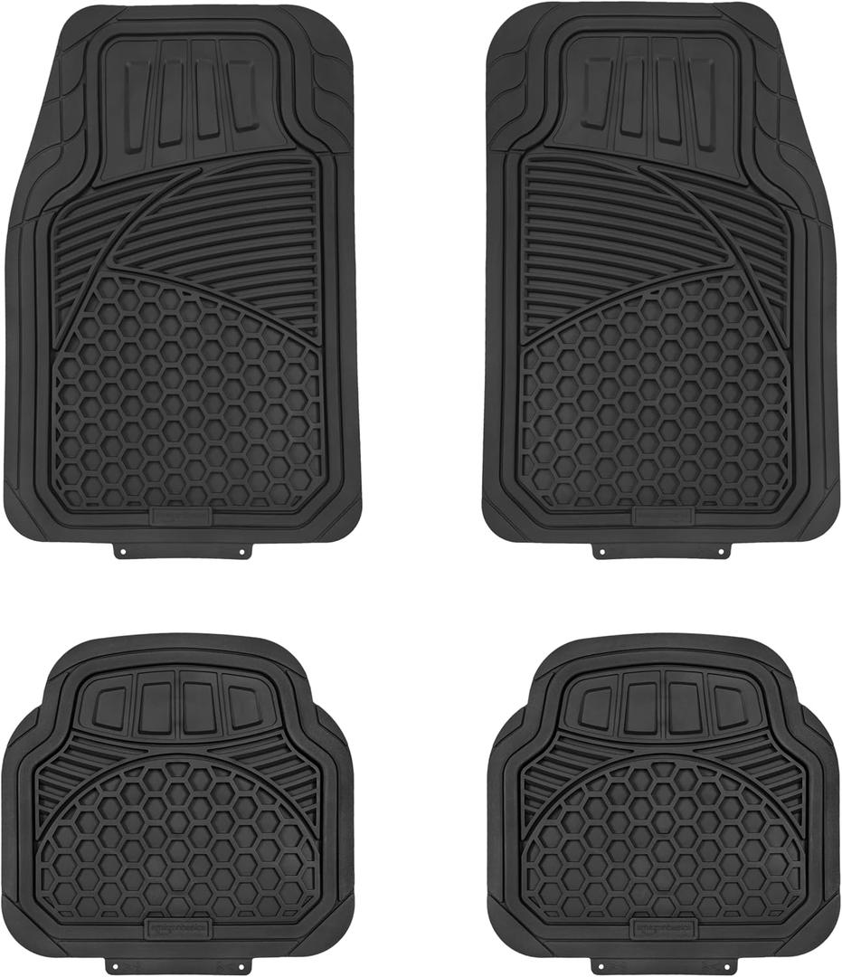 Amazon Basics Heavy Duty PVC Faux Rubber Car Floor Mats Universal Deluxe, All Weather Trim to Fit for 95% Automotive SUV Sedans Trucks, 4-Piece Solid Black