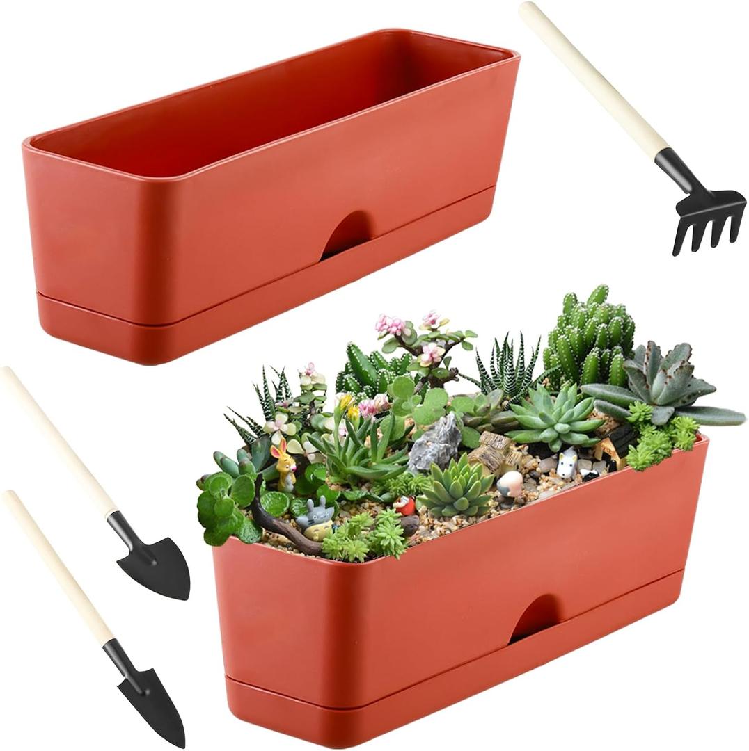 2-Pack Window Boxes Planters 16 Inch Rectangle Plant Box Rectangular Plant Pots for Outdoor and Indoor Plants Plastic Windowsill Planters for Herbs Vegetable Flowers Long Window Sill Plant Box