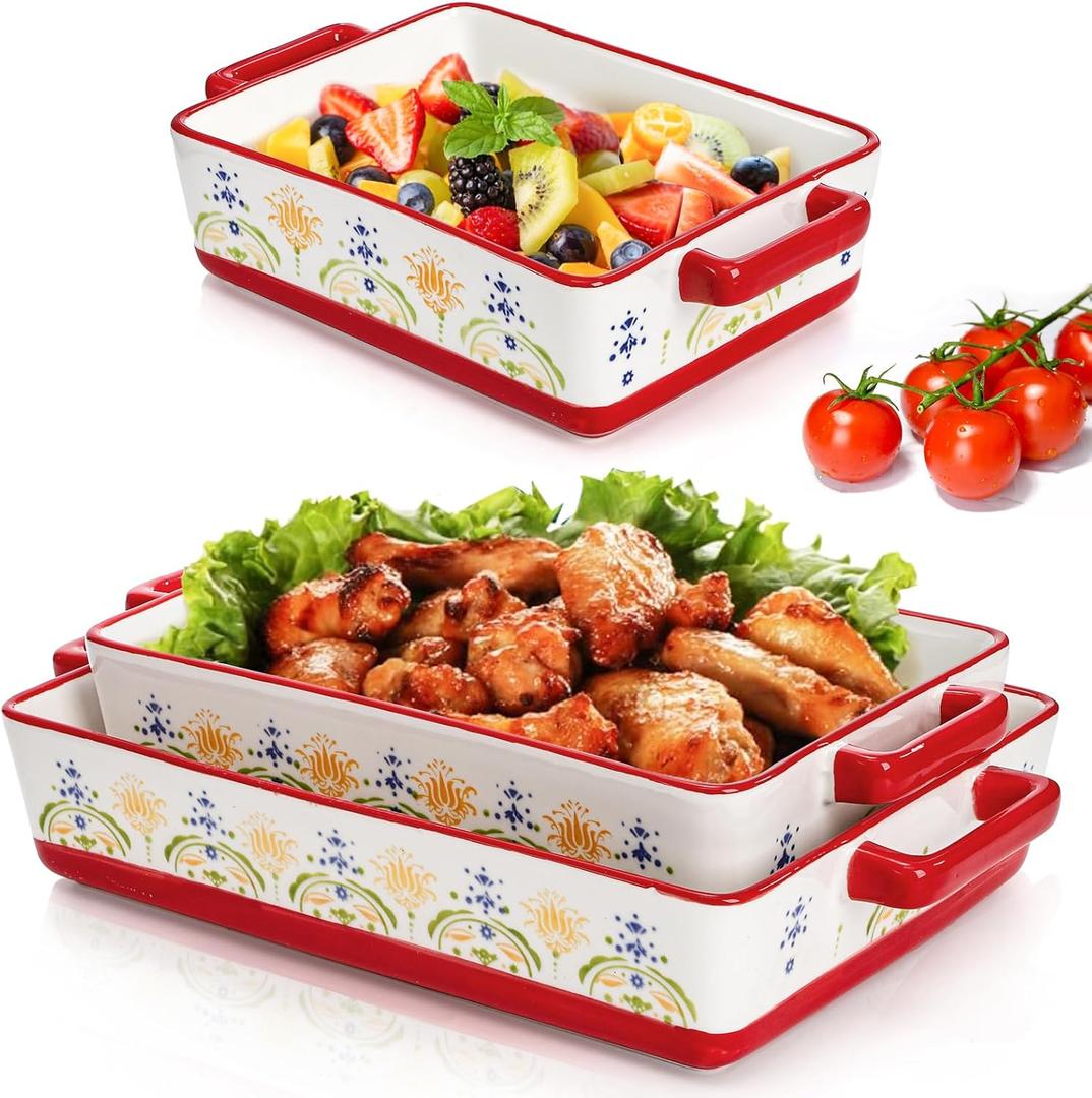 Set of 3 Ceramic Baking Dishes, Rectangular Casserole Dish for Oven, Ceramic Bakeware Lasagna Pan Deep with Handles for Cooking, Baking, Wedding Gift, 3 Sizes (12''/10.7''/7.7''), Red