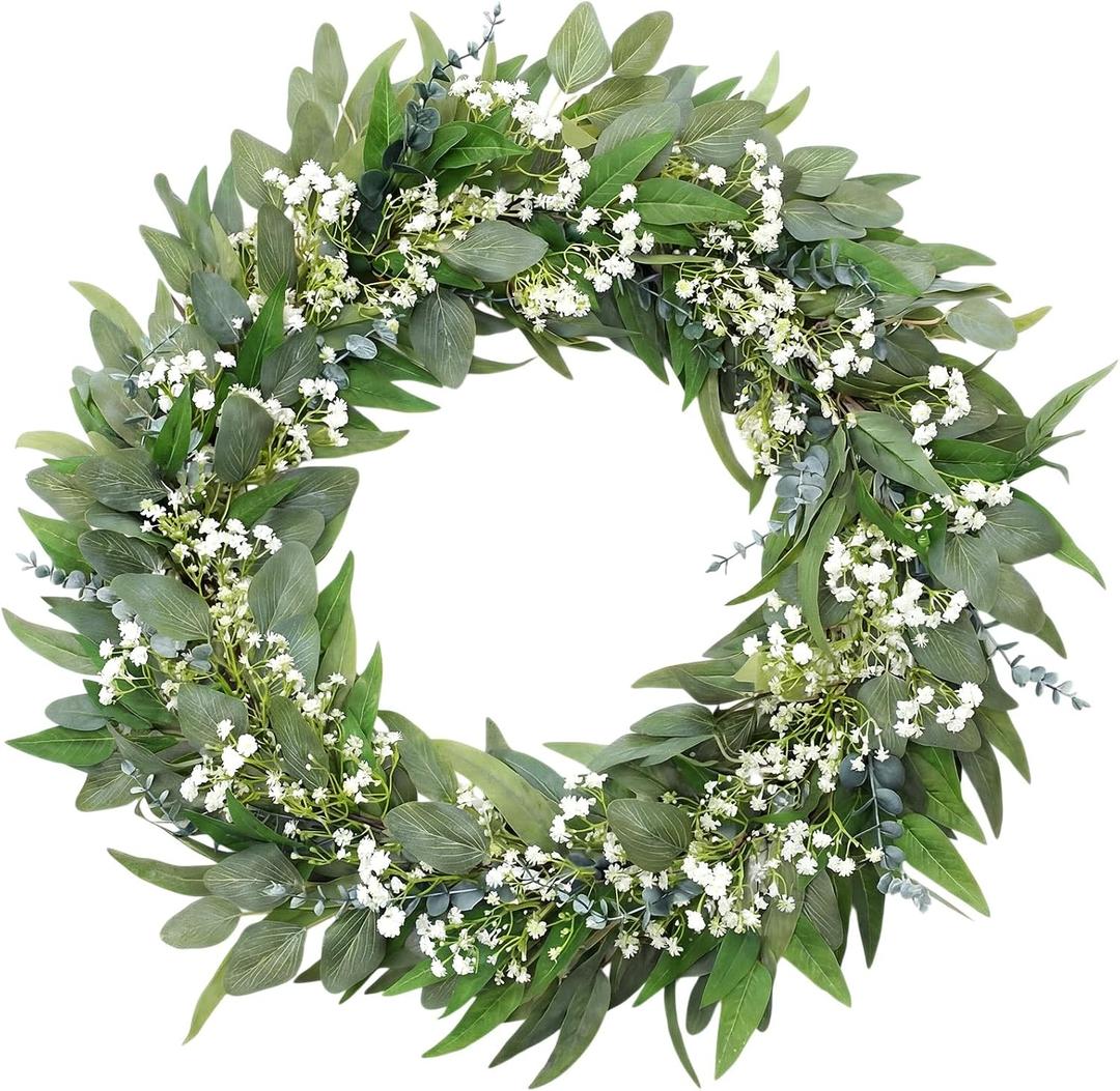 32" Extra Full Eucalyptus Wreath for Front Door, Realistic Baby's Breath Greenery Wreath, Year-Round Farmhouse Decor for Indoor, Outdoor, Porch, Entryway & Wall, Wedding Home Accent