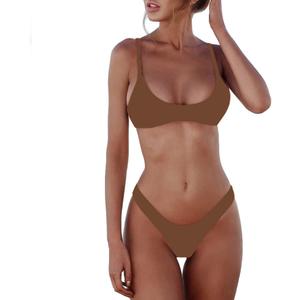 SherryDC Women's Solid Scoop Neck Push Up Padded Brazilian Thong Bikini Swimsuit Bathing Suit (Medium, Brown)