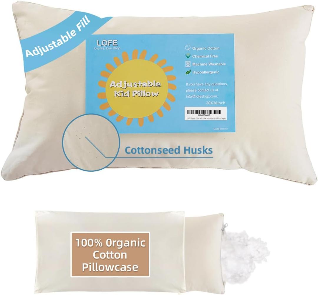 Adjustable Organic Pillow 20x36 with Organic Cotton Pillowcase &Shell, 20x36in