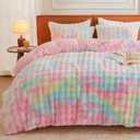 EMME Faux Fur Duvet Cover King Size, 3 Pieces Ultra Soft Fluffy Comforter Cover, Cozy Warm for Winter, Luxury Elegant Shaggy Bubble Design Bedding, 1 Duvet Cover & 2 Pillow Shams (King, Rainbow)