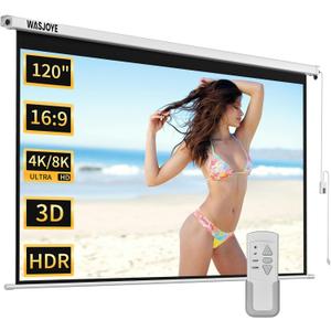 WASJOYE Motorised Projector Screen 120" - 16:9 Electric Projector Screen Wall/Ceiling Mount with Remote Control - 8K HD Projection Screen Dual Side Power Supply for Home Theater Office TV Game WASJOYE Motorised Projector Screen 120" - 16:9 Electric Projector Screen Wall/Ceiling Mount with Remote Control - 8K HD Projection Screen Dual Side Power Supply for Home Theater Office TV Game