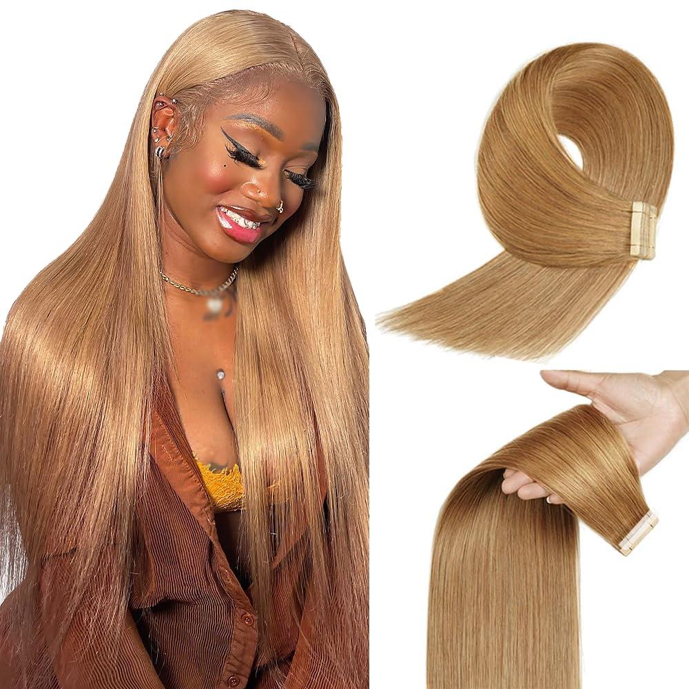 #27 Honey Blonde Tape in Extensions Human Hair 28 Inch Blonde Straight Tape in Seamless Extensions Human Hair Skin Weft Seamless Invisible Unprocessed Virgin Remy Hair 45g 10 Pcs