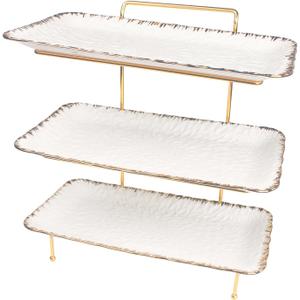 Three-Tier Ceramic Plate Rack - Foldable gold plate rack with three large 14-inch white plates for displaying food, fruit, desserts, and entertaining guests.