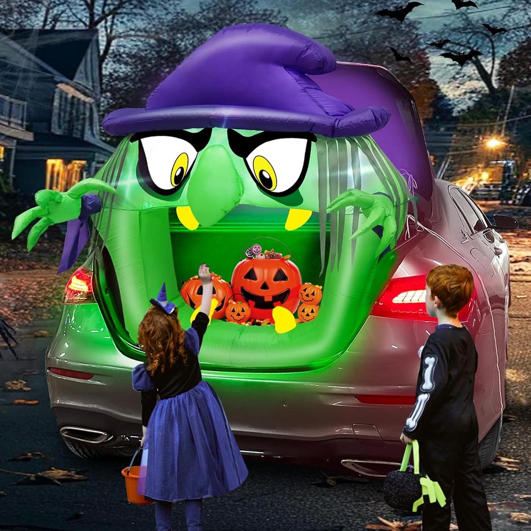 TURNMEON 4 FT Halloween Inflatables Witch Outdoor Decoration, Trunk Or Treat Car Decoration with Built-in LEDs