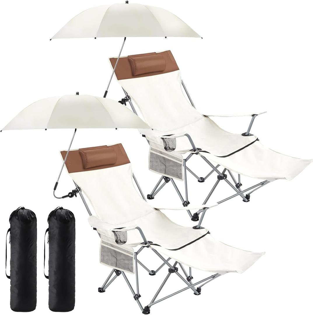Yuntau 2 Set Reclining Beach Chairs with UPF 50+ Umbrellas, Upgraded Heavy Duty Portable Folding Lounge Camping Chair with Removable Footrest & Headrest for Outdoor Fishing Patio(White)