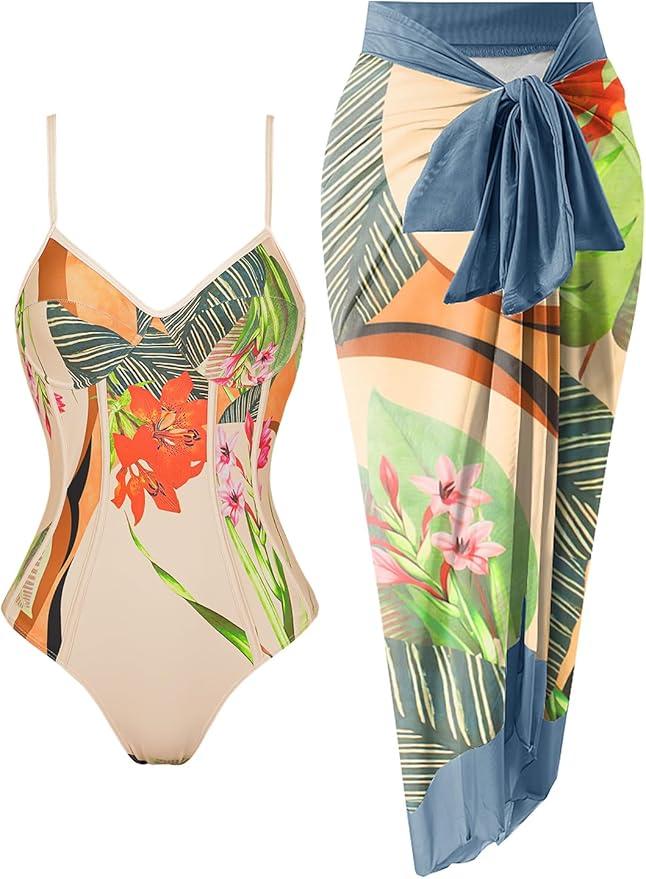 Women's One Piece Swimsuit with Beach Cover Up Retro Floral Print Bathing Suits with Coverup Set Sarong Wrap Swim Suit 1 Piece Swimwear Set with Matching Skirt Beige Floral, Small