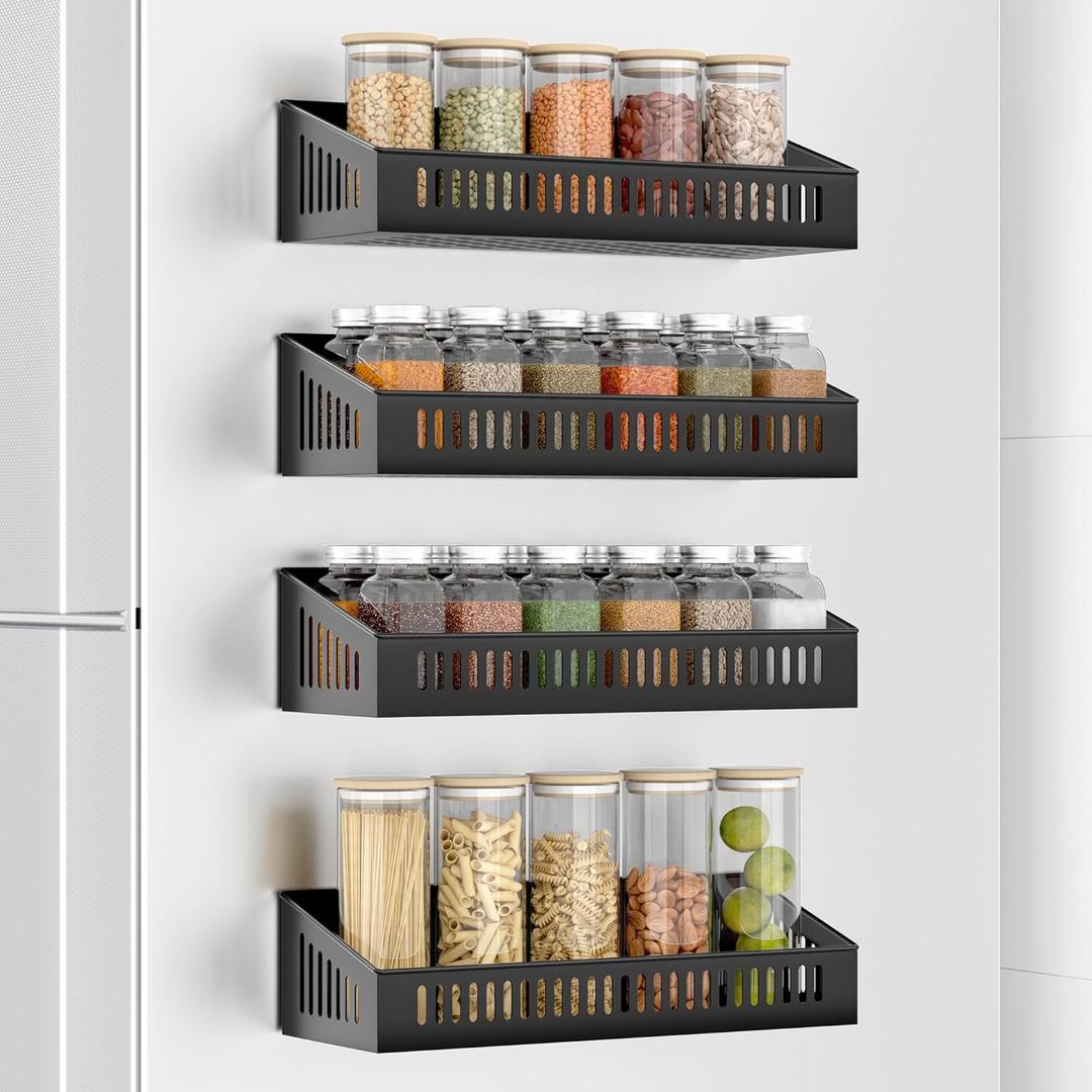 Allinside Magnetic Spice Rack for Refrigerator, Movable Magnet Fridge Seasoning Storage Organizer Shelves, Metal Kitchen Pantry Jars Holder, Stove Microwave Oven Countertop Organization, Black, 4 Pack
