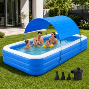 Inflatable Pool with Canopy, 118" x 67" x 20" Large Blow Up Pool with Air Pump, Rectangular Family Swimming Pool with Sun Shade for Backyard, Garden and Outdoor Use, Blue White