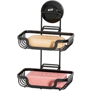 TAILI Double Layer Soap Holder, Drill-Free Bar Soap Dish Tray Suction Cup, Draining for Shower Wall, Bath Storage, Rustproof Stainless Steel Sponge Holder for Tub, Kitchen, Black (5.7" * 10.1")