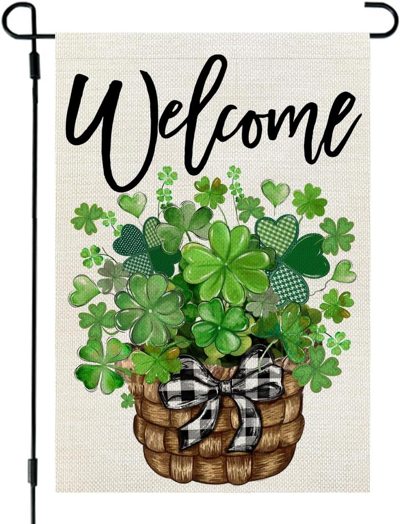 CROWNED BEAUTY St Patricks Day Garden Flag Shamrocks Clover Basket 12x18 Inch Double Sided Green Holiday Decoration for Outdoor Lawn Yard CF1932-12