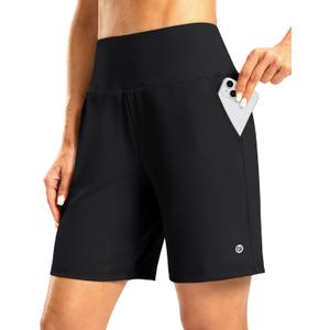 Women's Athletic Shorts with Zipper Pocket 7" High Waisted Stretchy Bermuda Shorts for Women Workout Running Casual (Black, M)