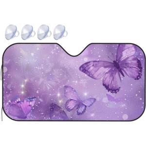Windshield Sun Shade Butterfly Purple Pastel Car Front Window Sunshade Blocker UV Visor Retractable Automotive Sunshades for Vehicle SUV Truck Protector 55x30 inch (A0937)