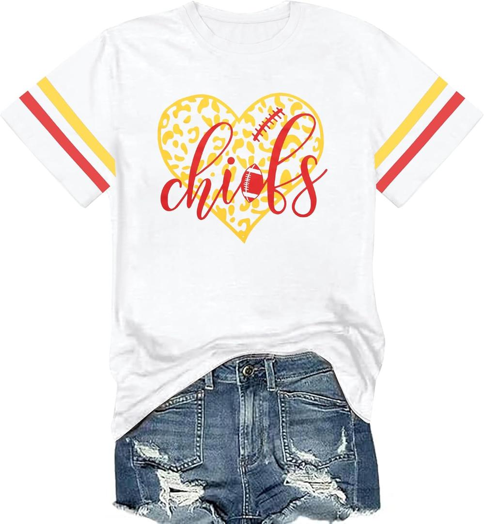 Game Day Shirt Women: Team Fan T-Shirt Cute Football Heart Graphic Tees Casual Season Short Sleeve Tops (White, M)