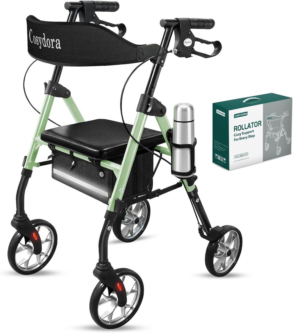 Cosydora Rollator Walkers for Seniors with Seat, 13.6 Lbs Ultra Lightweight Foldable Rolling Walker, 350Lbs Heavy Duty Aluminum, 8" All Terrain Wheels, Dual Adjustable Height, Sage Green