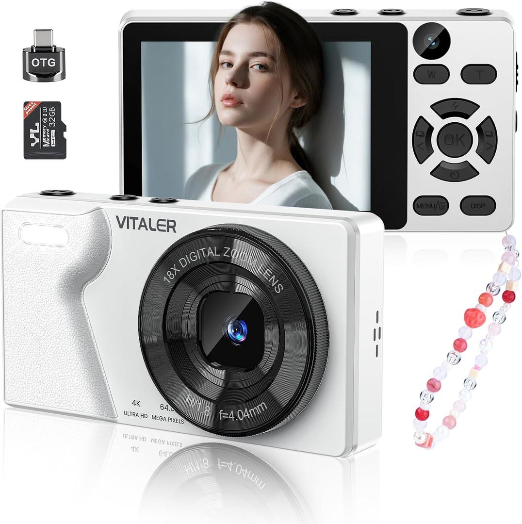 Digital Camera with Front Rear Lens, Autofocus 64MP 4K Camera for Photography with 32GB Card, Portable Compact Point and Shoot Camera for Teens Adult Beginner with Metal Shell, 2000mAh Battery (White)