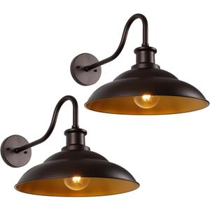 Outdoor Barn Light Fixtures, 16 Inch Dome Large Wall Sconces, Farmhouse Exterior Wall Mount Lights for House Garage Patio Doorway, Oil Rubbed Bronze, 2 Pack (Orb+Gold)