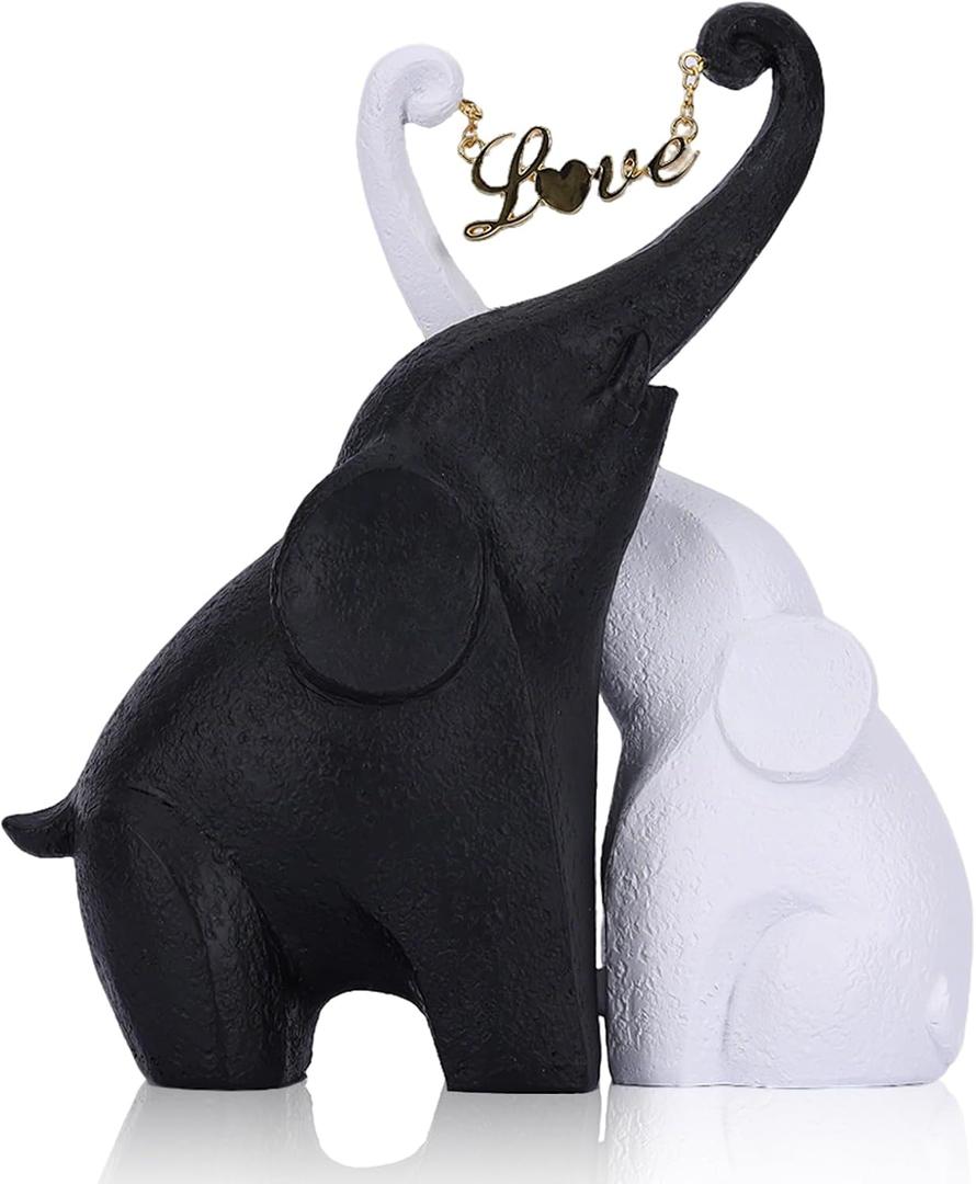 DOVDOV Black and White Couple Elephant Statue, Modern Art Love Elephant Decoration, Heart Shaped Elephant Sculpture Suitable for Living Room, Bedroom, Office, Bookshelf, and Desktop Decoration. B