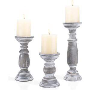 Rustic Wooden Pillar Candle Holders Set of 3, 12'' 9'' 6'' Farmhouse Wood Candle Stand for Table Centerpieces, Vintage Tall Candleholders Fireplace Mantel Decor for Living Room, Grey