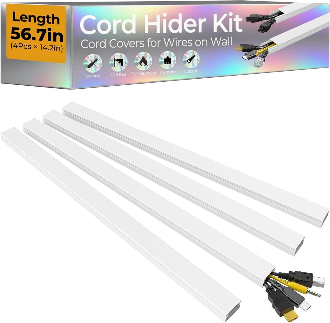 56.7in Cable Hider Cord Hider, Wire Covers for 2-4 Cords on Wall, Premium Cord Covers for Wires on Wall, Easy Set-up Wire Hider to Hide Tv Wires, Lamp, Speaker Cords, W0.95 H0.55in, White