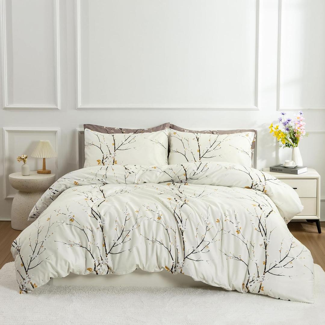 EAVD Vintage Style Garden Floral Comforter Set King White Soft Microfiber Chic Floral Tree Branches Pattern Bedding Set 1 King Comforter and 2 Pillowcases Reversible Botanical Comforter for All-Season