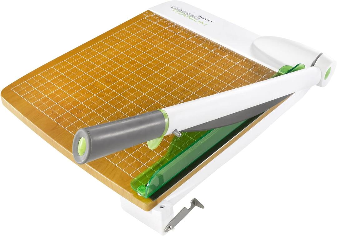 Westcott 16717 12-Inch CarboTitanium Wood Base Guillotine Paper Cutter, Multi-Paper Trimmer with 30 Sheet Capacity