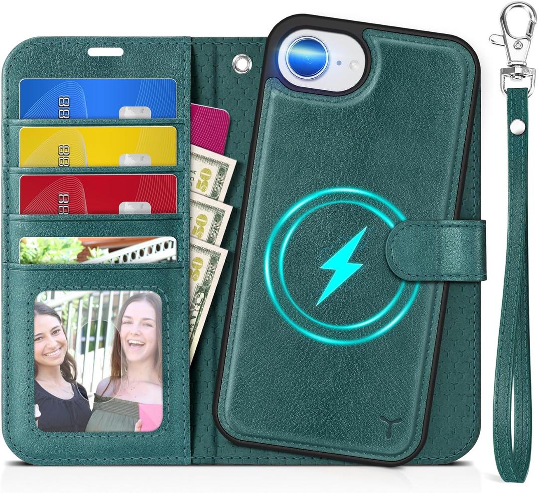 TUCCH Case Wallet for iPhone 16e, Detachable [Wrist Strap] [Wireless Charging] RFID Blocking 4 Card Slots, Removable Stand PU Leather Flip Shockproof Phone Cover for iPhone 16e 6.1", Teal Blue (Textured Teal Blue)