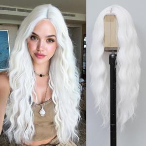 White Wig 26 Inch Long Wavy Wig for Women - Heat Resistant Synthetic Hair Middle Part Curly Wig Natural Look for Daily Party Cosplay Costume Use