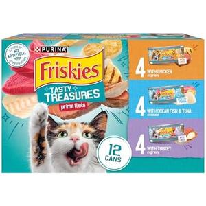 Purina Friskies Wet Cat Food Variety Pack, Tasty Treasures Prime Filets (With Ocean Fish and Tuna, With Chicken and With Turkey) - 5.5 Ounce (Pack of 12) BB 4/2027