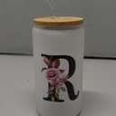 Monogrammed Glass Drinking Cup With Lid Straw Women Happy Birthday Christmas Xmas Day Holiday for Female Teacher Aunt Big Small Sister in Law Mother Stepmother Wedding Groom Bride Officiant Gift, R