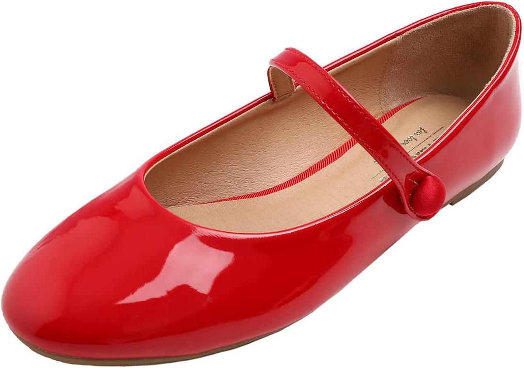 FEVERSOLE Women's Mary Jane Fashion Round Toe Easy Buckle Slip On Flats (7, Maryjane Red Pat)