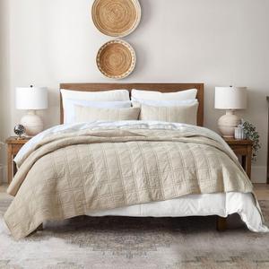 HORIMOTE HOME 100% Cotton Quilt King Size Beige Bedspread, Pre-Washed 3-Piece Cozy Lightweight Stitching Decorative Bedding Cover Coverlet Set with 2 Shams in Geometric Pattern for All Season (Beige Suqare)