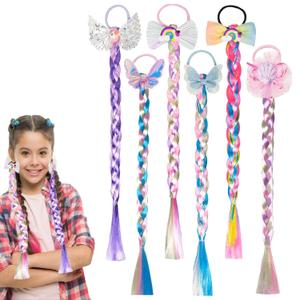 6 Pcs Rainbow Color Braids Hair Extensions - Ponytails & Bows with Rubber Bands - Glitter Braided Wig - Cosplay Hair Accessories for Girls & Women