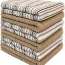Kitchen Towels 16x 26 - 6 Pack | Large Cotton Dish Towels | Popcorn Stripe Design | 430 GSM Highly Absorbent with Hanging Loop | Tan